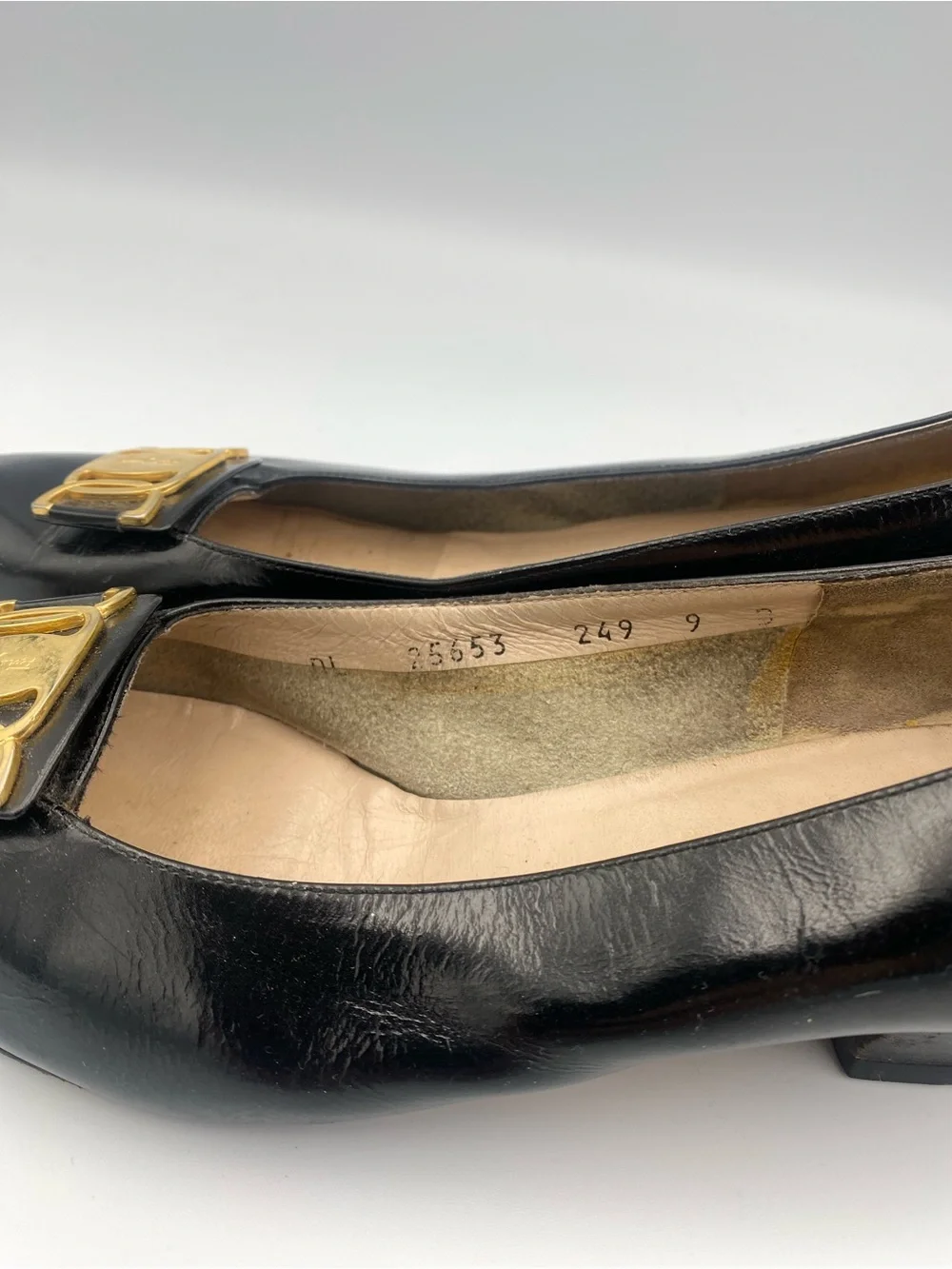 Salvatore Ferragamo Black Leather Low Heel Loafers with Gold Hardware